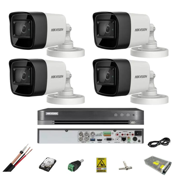 Sistem supraveghere 4 camere Hikvision 8MP, 2.8mm, IR 30m, DVR 4 canale 8MP, accesorii, hard disk Sistem supraveghere 4 camere Hikvision 8MP, 2.8mm, IR 30m, DVR 4 canale 8MP, accesorii, hard disk