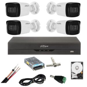 Sistem de supraveghere Dahua cu 4 camere 5 Megapixeli, Infrarosu 80m, Microfon, DVR 4 canale 5 Megapixeli, Hard 1TB, Accesorii Sistem de supraveghere Dahua cu 4 camere 5 Megapixeli, Infrarosu 80m, Microfon, DVR 4 canale 5 Megapixeli, Hard 1TB, Accesorii