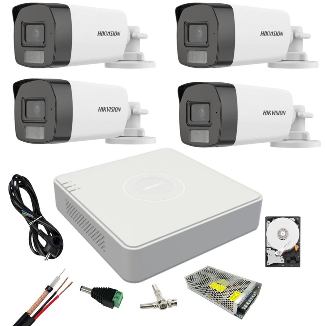 Sistem supraveghere Hikvision 4 camere Dual Light 5 MP cu microfon Lumina alba 40 m IR DVR 4 canale 5MP, Accesorii si hdd inclus Sistem supraveghere Hikvision 4 camere Dual Light 5 MP cu microfon Lumina alba 40 m IR DVR 4 canale 5MP, Accesorii si hdd inclus