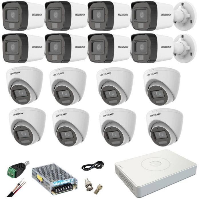 Sistem supraveghere mixt 16 camere Hikvision 5MP Dual Light DVR AcuSense 4MP cu accesorii incluse Sistem supraveghere mixt 16 camere Hikvision 5MP Dual Light DVR AcuSense 4MP cu accesorii incluse