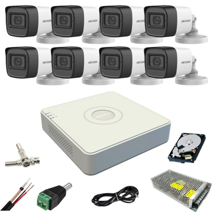 Sistem supraveghere Hikvision 8 camere 5MP IR 40m microfon DVR 8 canale HDD 1TB si accesorii incluse Sistem supraveghere Hikvision 8 camere 5MP IR 40m microfon DVR 8 canale HDD 1TB si accesorii incluse