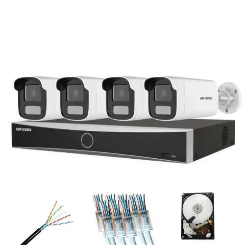 Sistem supraveghere complet 4 camere Hikvision 8MP Smart Dual Light 30m microfon, NVR AcuSense 8 canale, HDD si accesorii instalare incluse