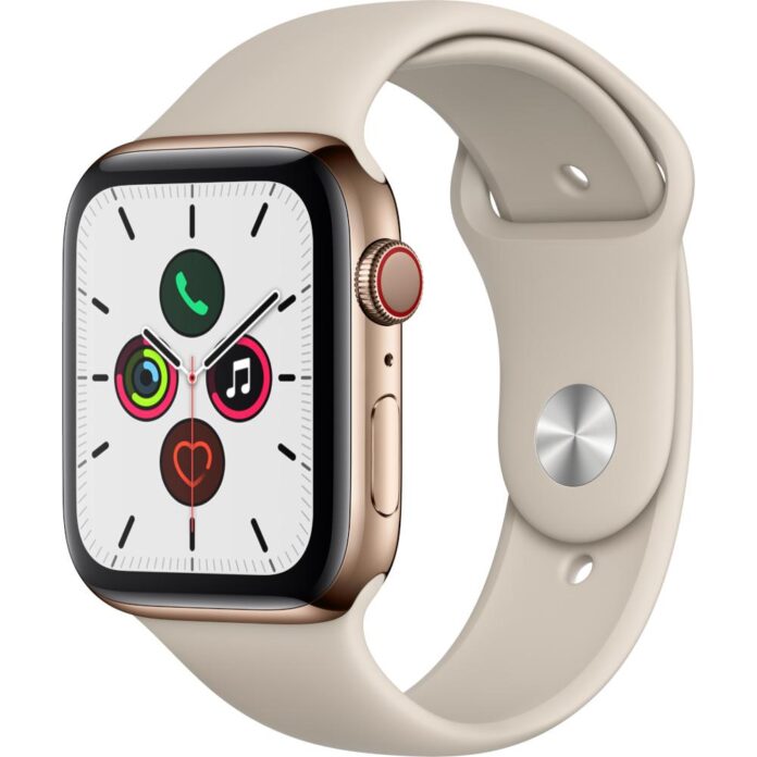 Apple Watch Series 5 GPS + Cellular, 44mm, Gold, Stainless Steel Case, Stone Sport Band Apple Watch Series 5 GPS + Cellular, 44mm, Gold, Stainless Steel Case, Stone Sport Band