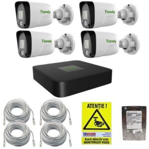 Sistem supraveghere IP Tiandy 4 camere 2MP IR 30m Microfon PoE, NVR 4 canale PoE 5MP, cabluri, HDD 500GB + Autocolant Rovision Sistem supraveghere IP Tiandy 4 camere 2MP IR 30m Microfon PoE, NVR 4 canale PoE 5MP, cabluri, HDD 500GB + Autocolant Rovision