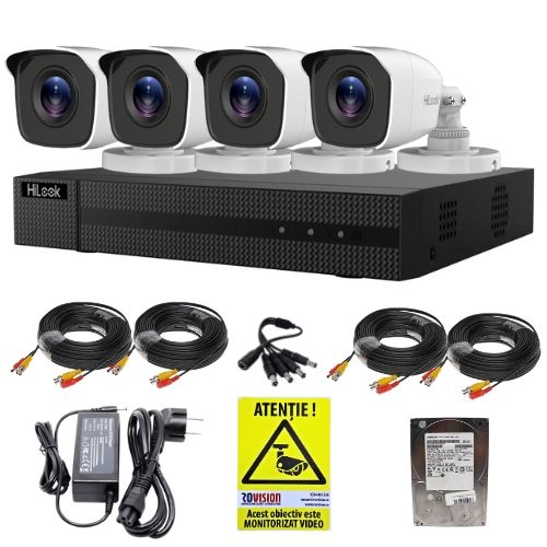 Sistem supraveghere HiLook 4 camere exterior Full HD 2MP infrarosu 20m IP66, DVR 4 canale 2MP, accesorii, HDD 500GB + Autocolant Rovision