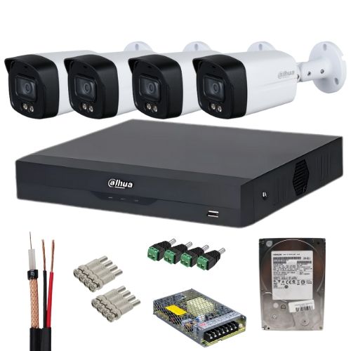 Sistem supraveghere Dahua 4 camere Full-Color 5MP, lentila 3.6mm, lumina alba 40m, microfon, DVR 4K Penta-brid, WizSense, 8 canale IP, HDD 1TB, accesorii
