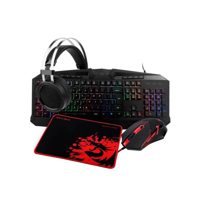 Kit gaming Redragon S112 Gaming Essentials 4 in 1, Tastatura + Mouse + Casti +  Mousepad, Iluminare RGB, Negru/Rosu