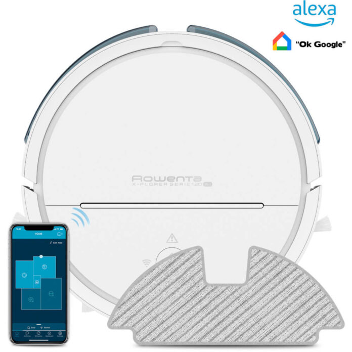 Aspirator robot X-Plorer Serie 120 AI RR7867WH, Wi-Fi, Li-ion, 120 min, 0.7 L, Control prin aplicatie, 6 senzori, Perie de cauciuc, Nivel zgomot 65 dB(A), Alb