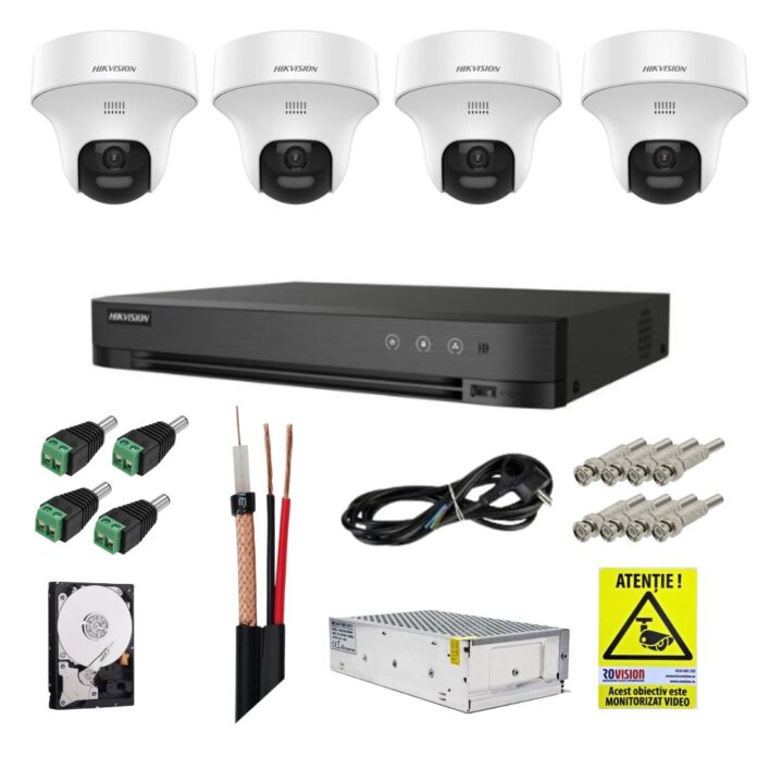 Sistem supraveghere Hikvision cu detectie om/vehicul, 4 camere rotative, 3K 5MP, Microfon, Difuzor, DVR, Accesorii incluse Sistem supraveghere Hikvision cu detectie om/vehicul, 4 camere rotative, 3K 5MP, Microfon, Difuzor, DVR, Accesorii incluse