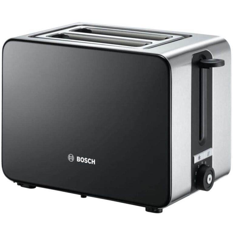 Prajitor paine Bosch TAT7203, 1050 W, 2 felii, Controlul variabil de rumenire, Senzor electronic pentru prajire uniforma, Suport chifle integrat, Negru