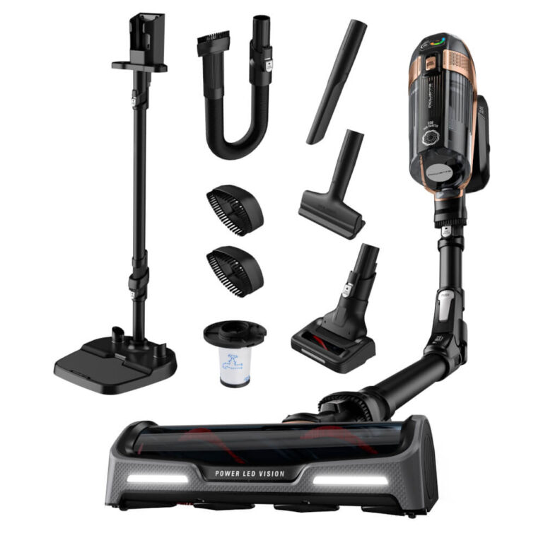 Aspirator vertical Rowenta X-Force Flex 15.60 RH99F1WO, 520W, 230 air watts, autonomie pana la 80 min, recipient praf 0.9L, functie boost, tehnologie flex, iluminare LED, display control, accesorii animal care, statie incarcare, negru & maro
