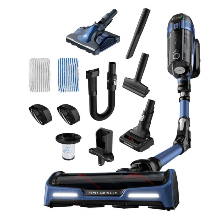 Aspirator vertical Rowenta X-Force Flex Aqua 14.60 RH9990WO, 0.9 L, 32.4V, Autonomie 70 min, Acumulator Litiu ion, Cap aspirare Aqua, Iluminare LED, Negru/Albastru