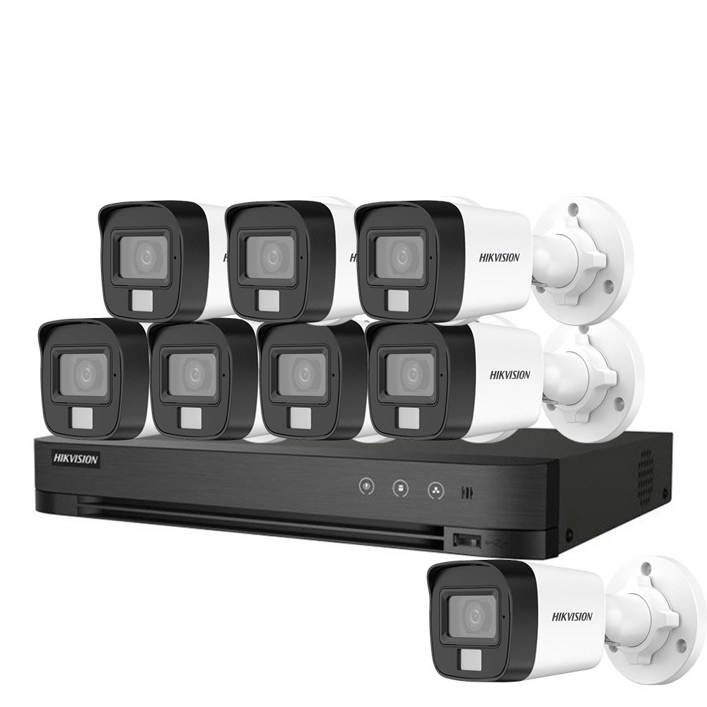 Sistem supraveghere exterior basic HikVision, 8 camere, 5 MP, IR 30 m, lumina alba 20 m, 2.8 mm, microfon Sistem supraveghere exterior basic HikVision, 8 camere, 5 MP, IR 30 m, lumina alba 20 m, 2.8 mm, microfon