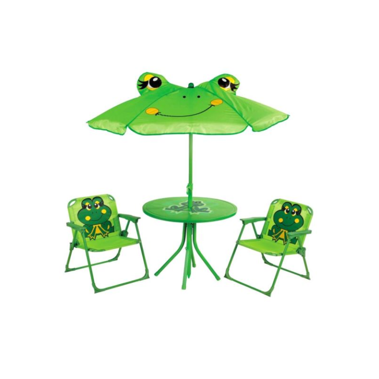 Set mobilier pentru gradina pliabil pentru copii MCT Garden, compus din 1 masa cu umbrela, 2 scaune, Galben