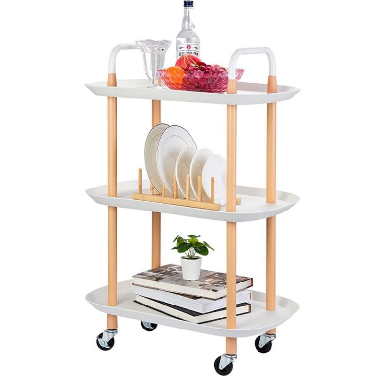 Etajera pe roti cu 3 niveluri, Quasar & Co.®, carucior polite dreptunghiulare, ultrarezistente, 58 x 37 x 88 cm, inox/plastic, alb