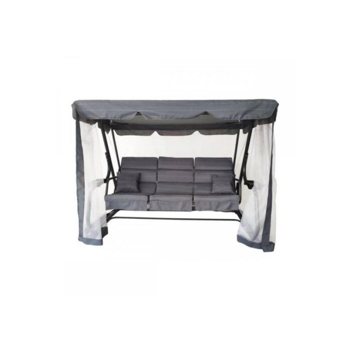 Balansoar gradina, 3 locuri, cu plasa insecte, gri, 215x130x170 cm, functie pat, Ines