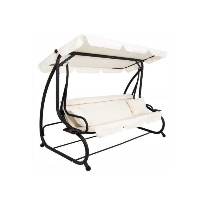 Balansoar gradina, Springos, 3 locuri, cu plasa insecte, crem, 220x120x160 cm, functie pat, max 280 kg