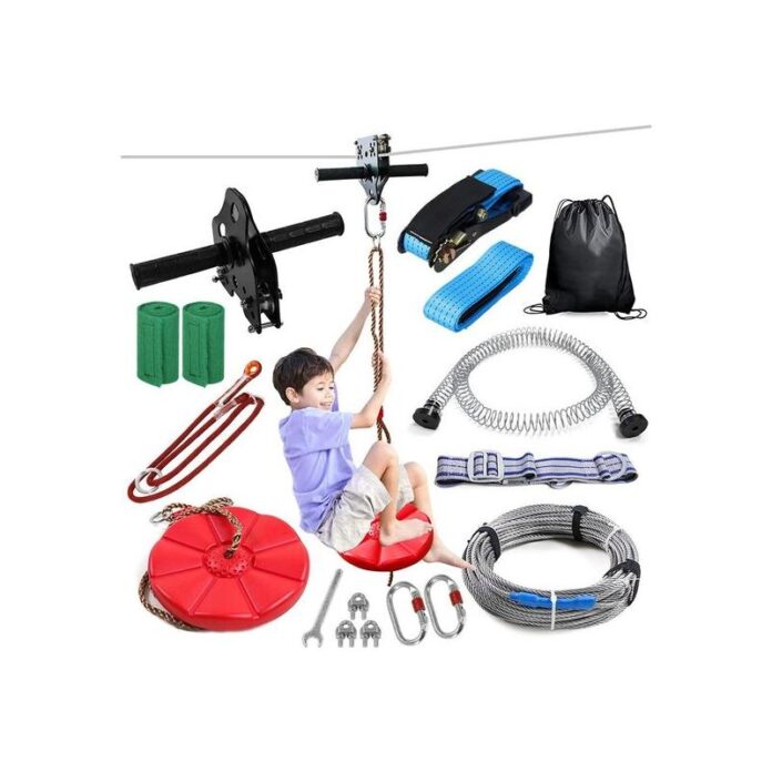 Set tiroliana copii, Springos, cu leagan rotund, maner, scripete, centura, husa, accesorii, 17 piese, max 120 kg, 30 m
