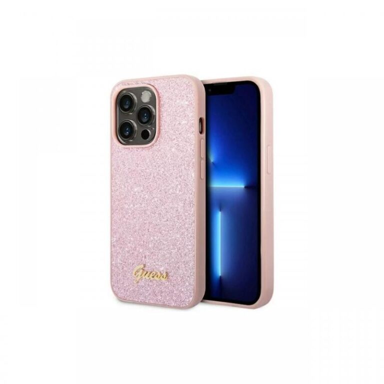 Husa iPhone 14 Pro Guess Glitter TPU Flakes Script Metal Logo Black