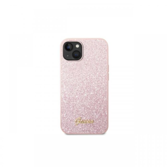 Husa iPhone 14 Plus Guess Glitter TPU Flakes Script Metal Logo Gold Husa iPhone 14 Plus Guess Glitter TPU Flakes Script Metal Logo Gold