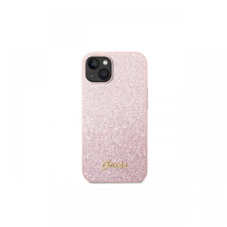 Husa iPhone 14 Plus Guess Glitter TPU Flakes Script Metal Logo Gold