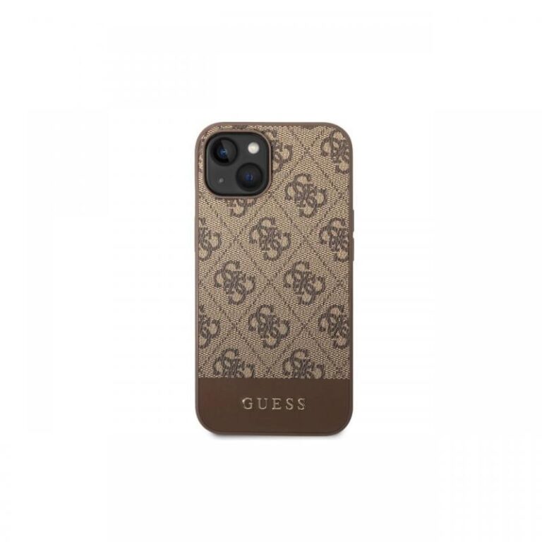 Husa iPhone 14 Plus Guess 4G Stripe Metal Logo Brown