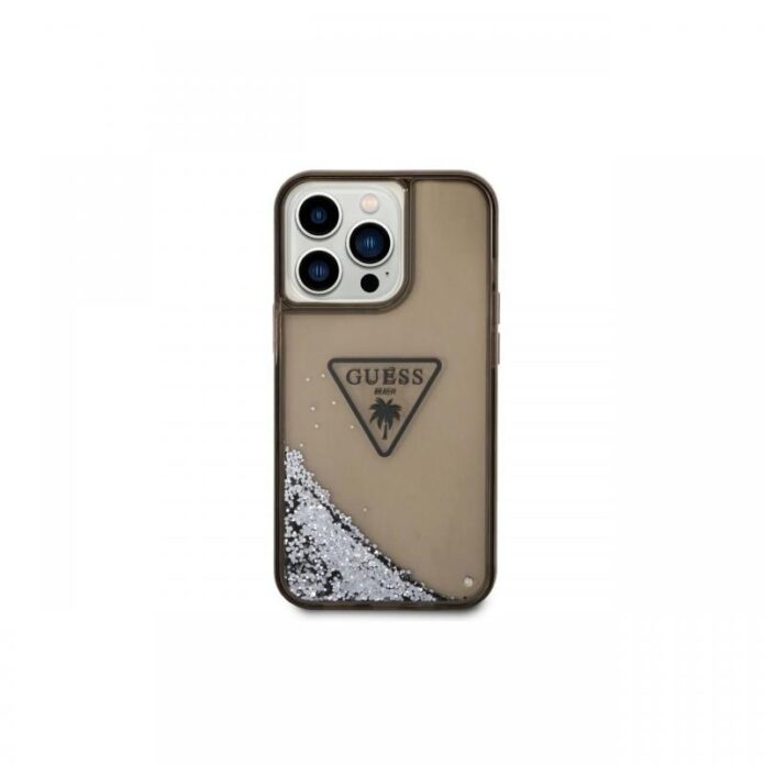 Husa iPhone 14 Pro Guess Liquid Glitter Translucent Triangle Logo Black