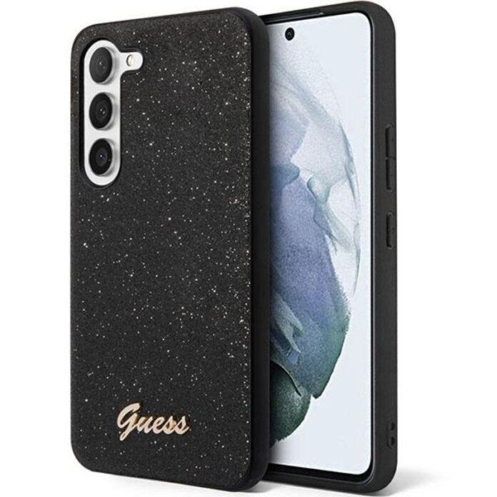 Guess Husa Glitter TPU Flakes Script Metal Logo Samsung Galaxy S23 Negru