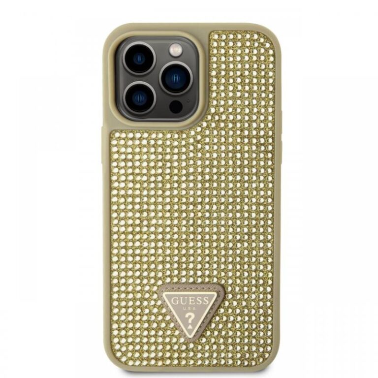 Guess Husa Rhinestones Triangle Metal Logo iPhone 14 Pro Max Negru