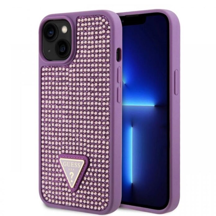 Guess Husa Rhinestones Triangle Metal Logo iPhone 15 Plus Negru