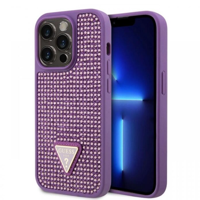Guess Husa Rhinestones Triangle Metal Logo iPhone 15 Pro Auriu