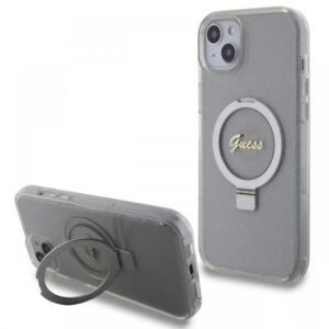 Guess Husa Ring Stand Glitter MagSafe iPhone 15 Plus Transparent Guess Husa Ring Stand Glitter MagSafe iPhone 15 Plus Transparent