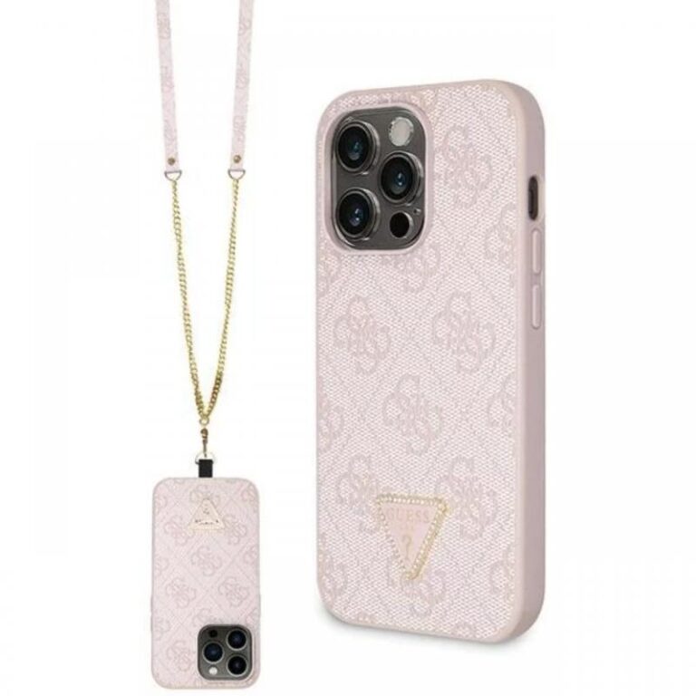 Guess Husa PU 4G Strass Triangle Metal Logo cu curea Crossbody iPhone 15 Pro Maro