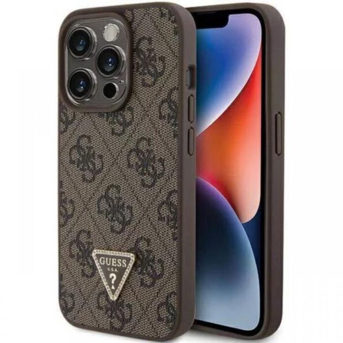 Guess Husa PU 4G Strass Triangle Metal Logo iPhone 15 Pro Max Negru
