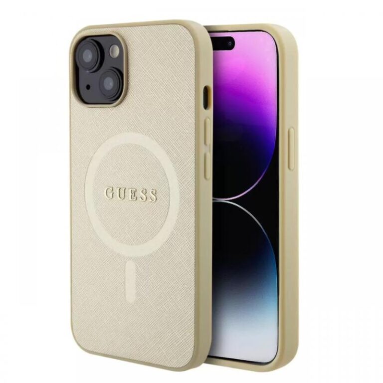 Guess Husa Saffiano MagSafe iPhone 15 Roz