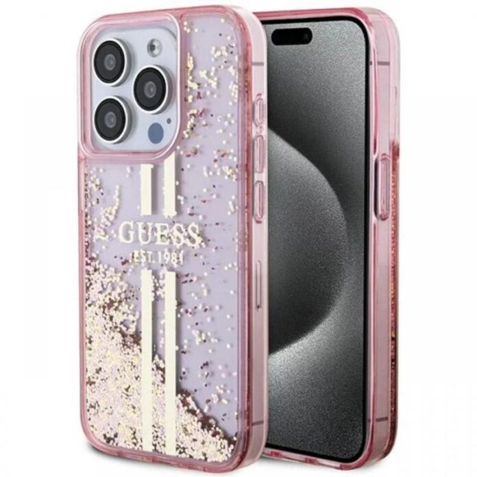 Guess Husa Liquid Glitter Gold Stripe iPhone 15 Pro Negru