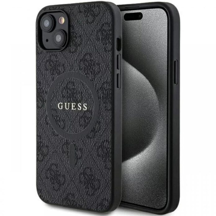 Guess Husa PU Leather 4G Colored Ring MagSafe iPhone 14 Maro