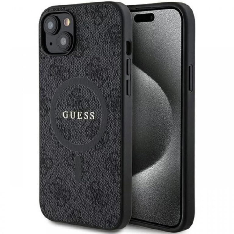 Guess Husa PU Leather 4G Colored Ring MagSafe iPhone 14 Maro