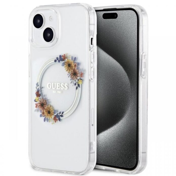 Guess Husa Flowers Ring Logo Glossy MagSafe iPhone 15 Transparent Guess Husa Flowers Ring Logo Glossy MagSafe iPhone 15 Transparent