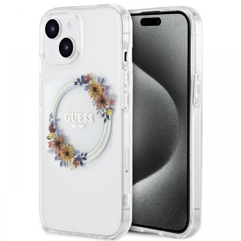 Guess Husa Flowers Ring Logo Glossy MagSafe iPhone 15 Transparent Guess Husa Flowers Ring Logo Glossy MagSafe iPhone 15 Transparent