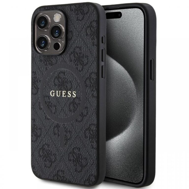 Guess Husa PU Leather 4G Colored Ring MagSafe iPhone 15 Pro Maro