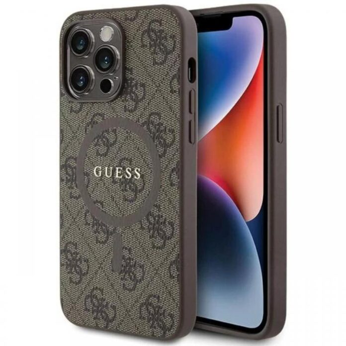 Guess Husa PU Leather 4G Colored Ring MagSafe iPhone 14 Pro Max Negru