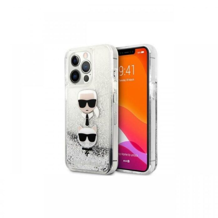 Husa iPhone 13 Pro Max Karl Lagerfeld Liquid Glitter Karl&Choupette Head Argintiu