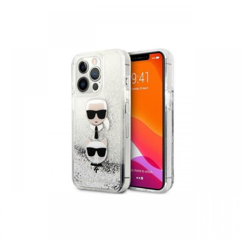 Husa iPhone 13 Pro Max Karl Lagerfeld Liquid Glitter Karl&Choupette Head Argintiu