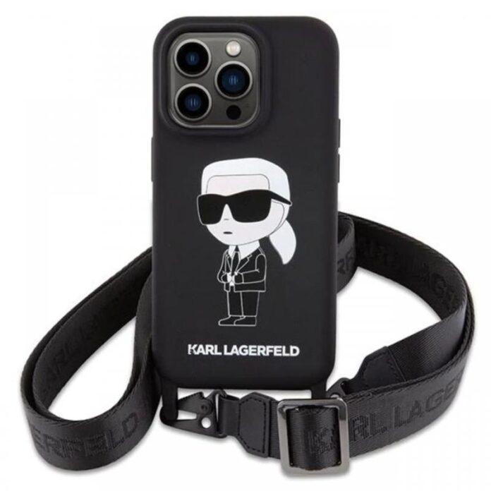 Karl Lagerfeld Husa Liquid Silicone Crossbody Ikonik iPhone 15 Pro Max Negru