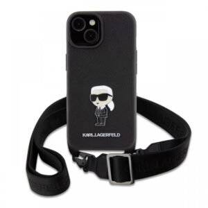 Karl Lagerfeld Husa Saffiano Crossbody Metal Ikonik iPhone 15 Plus Negru Karl Lagerfeld Husa Saffiano Crossbody Metal Ikonik iPhone 15 Plus Negru