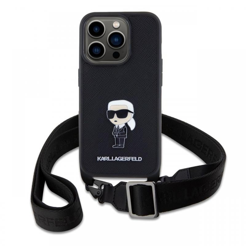 Karl Lagerfeld Husa Saffiano Crossbody Metal Ikonik iPhone 15 Pro Negru Karl Lagerfeld Husa Saffiano Crossbody Metal Ikonik iPhone 15 Pro Negru
