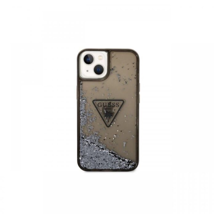 Husa iPhone 14 Guess Liquid Glitter Translucent Triangle Logo Black