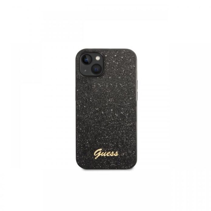 Husa iPhone 14 Guess Glitter TPU Flakes Script Metal Logo Black