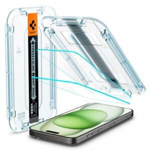 Spigen Folie Sticla Glass tR EZ Fit iPhone 15 Plus set 2 buc, kit de montare, Transparent Spigen Folie Sticla Glass tR EZ Fit iPhone 15 Plus set 2 buc, kit de montare, Transparent
